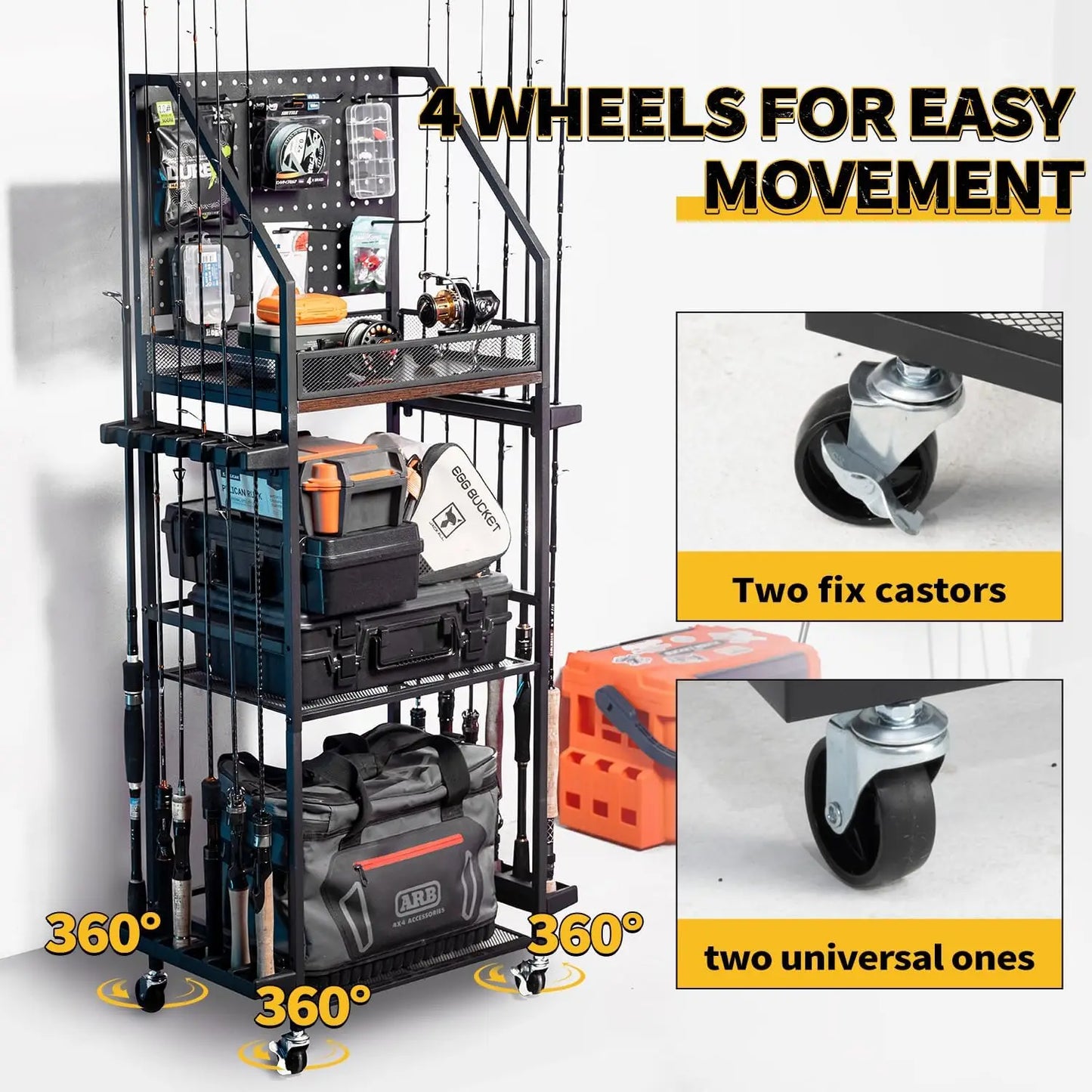 3-Tier Fishing Rod Storage Cart With Pegboard And Lockable Wheels