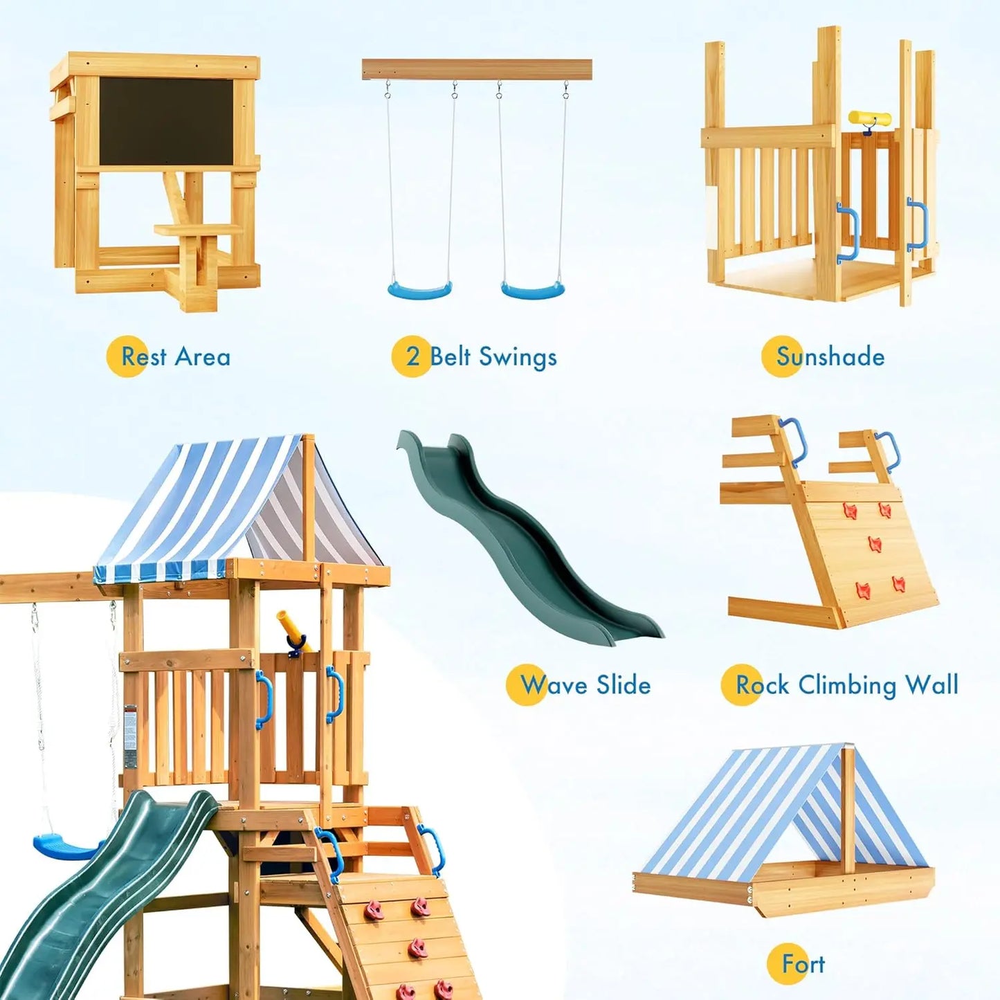 Rolife Outdoor Wooden Swing Set With Climbing Wall
