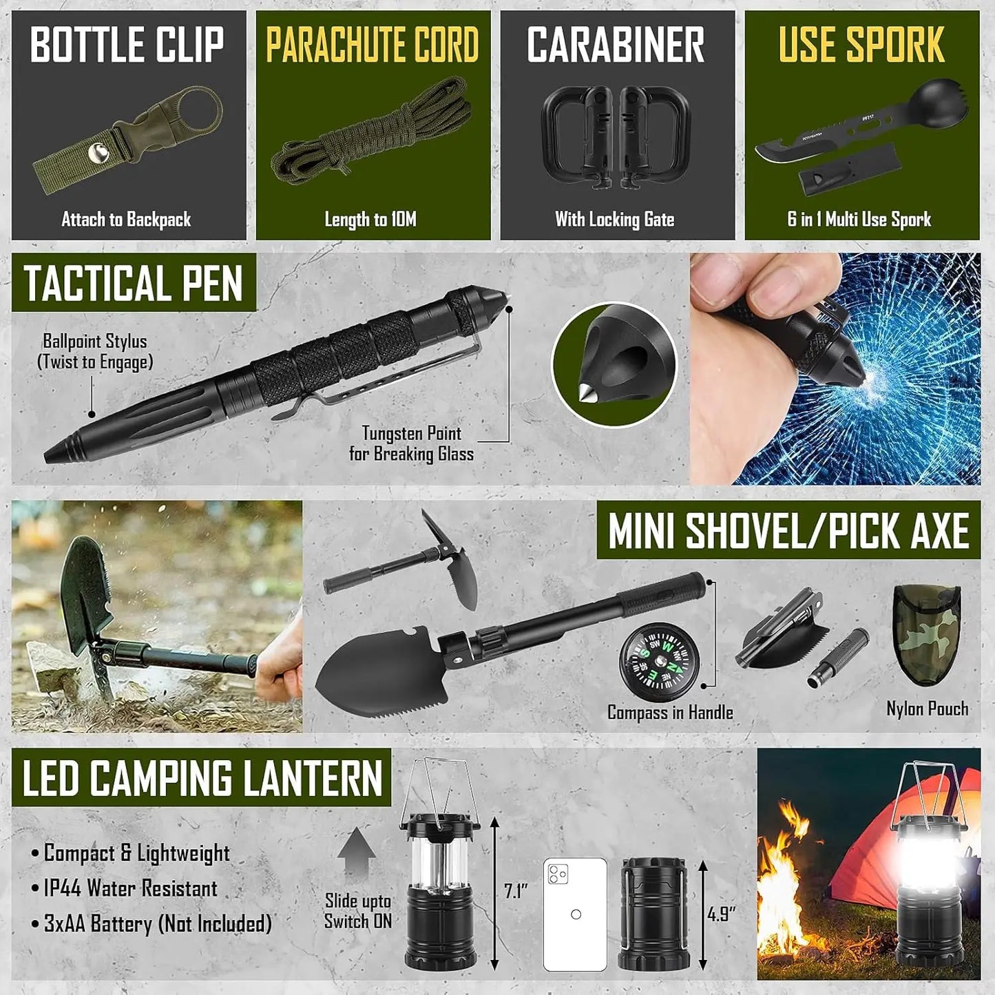 Emergency Survival Kit With First Aid Camping Axe Headlamp