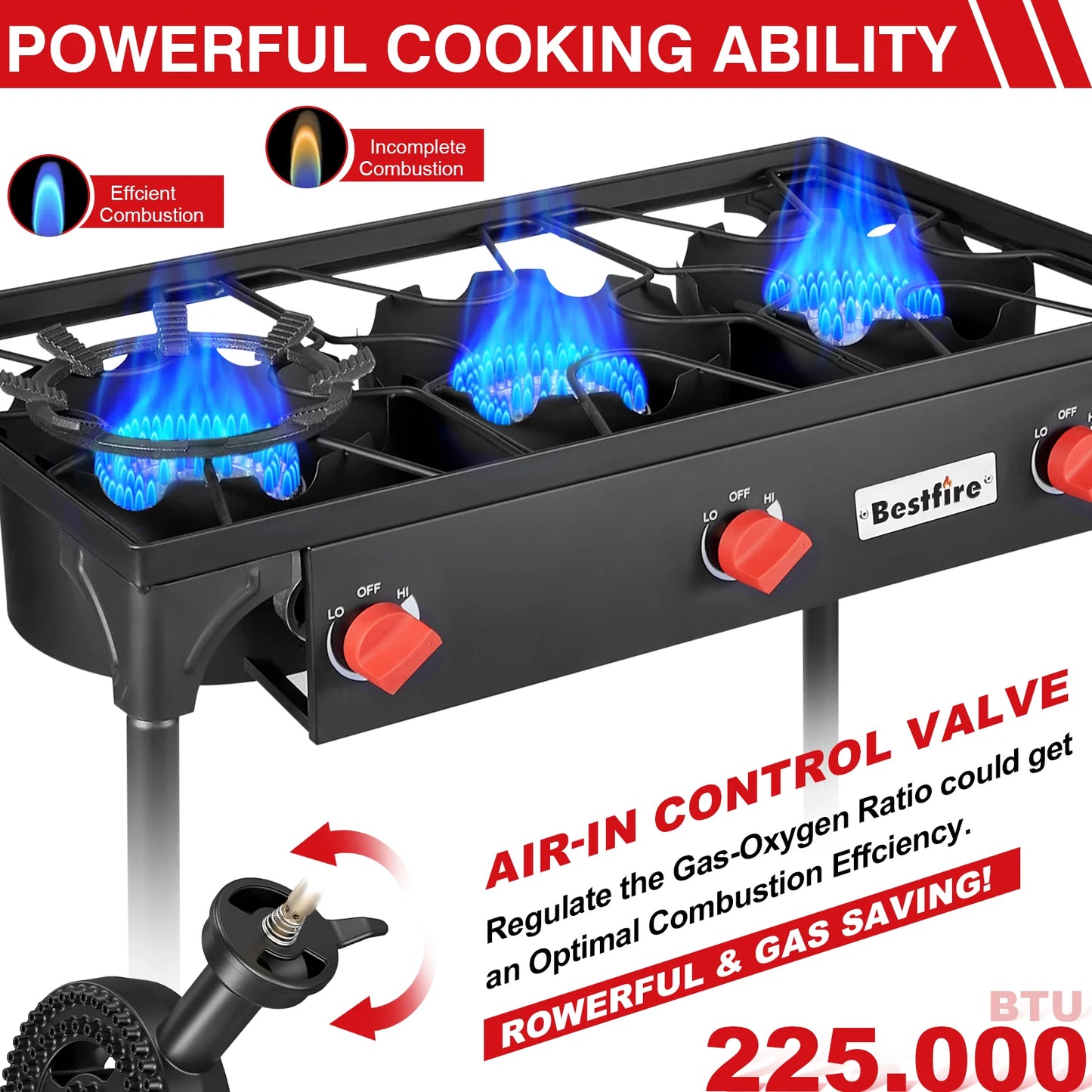 Three Burner Propane Camping Stove With Adjustable Regulator