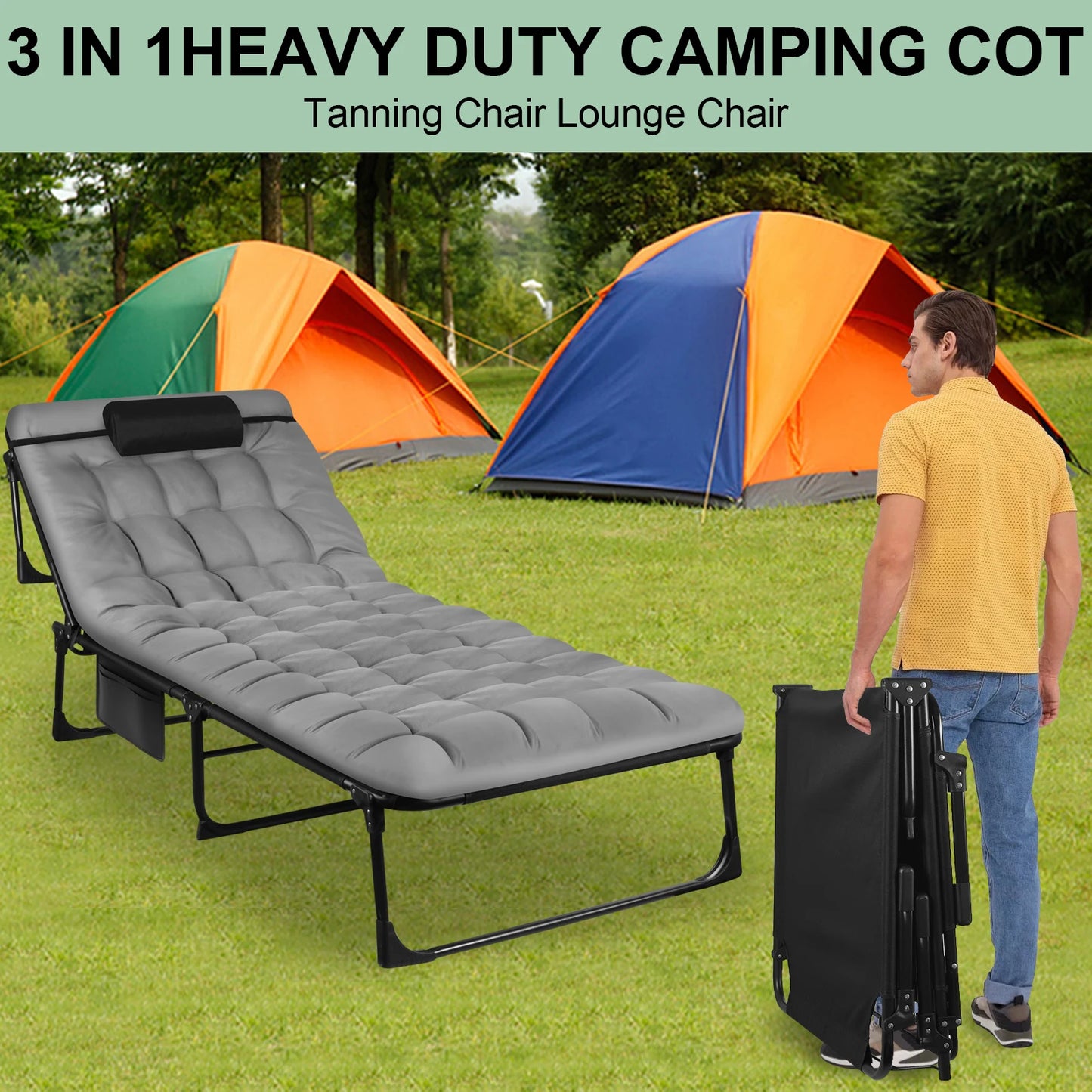 Portable Folding Camping Cot With Pillow And Adjustable Reclining Chair