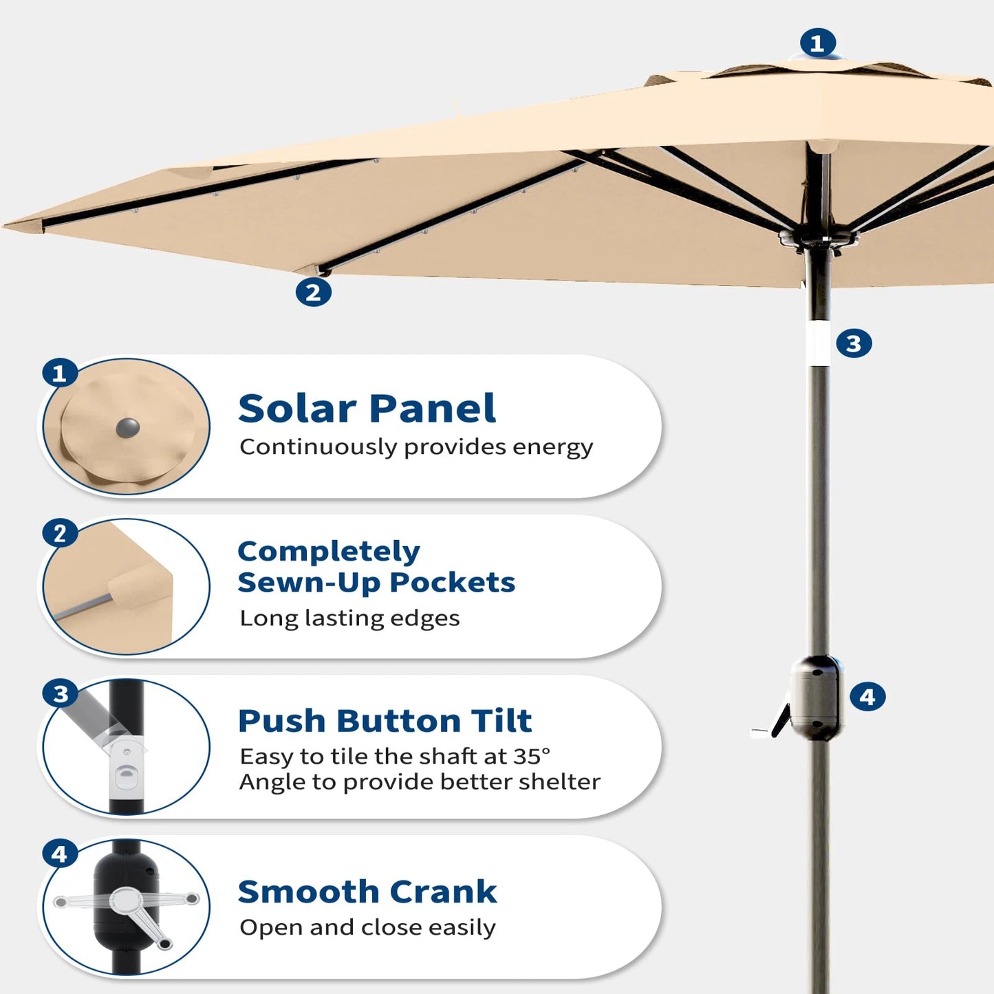 Patio Umbrella With Solar LED Lights And Push-Button Tilt
