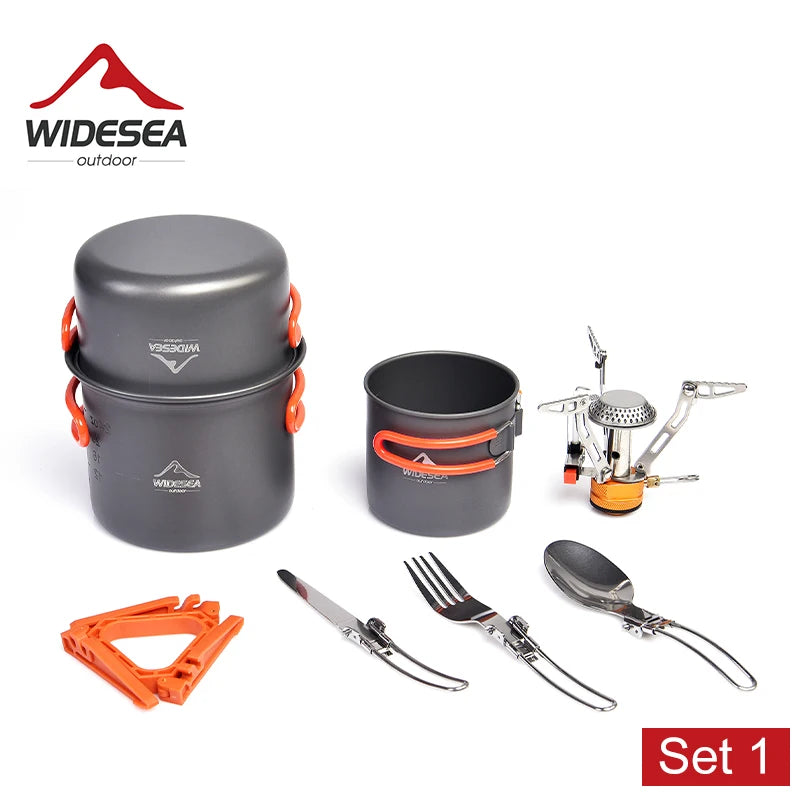 Widesea Camping Cookware Set Portable Pot Cup Knife Fork Stove