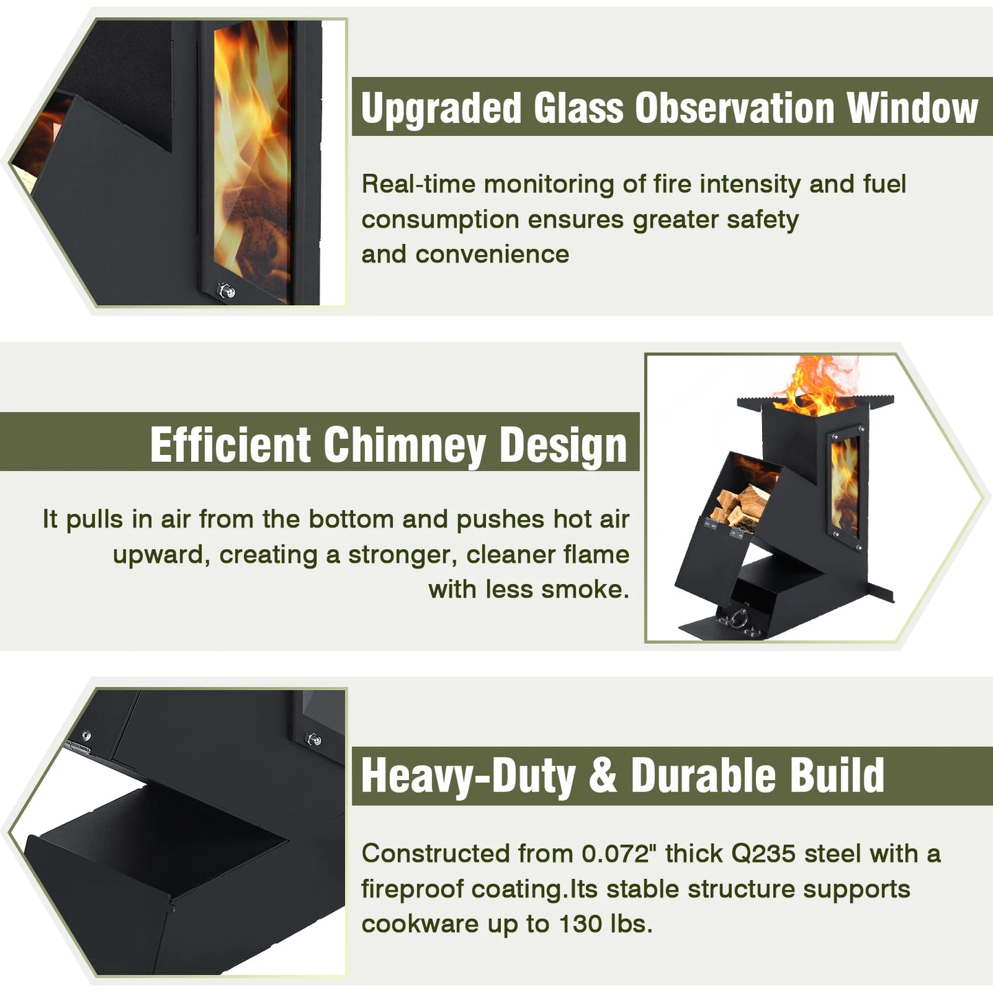 Portable Rocket Stove With Glass Door Cast Iron Camp Grill