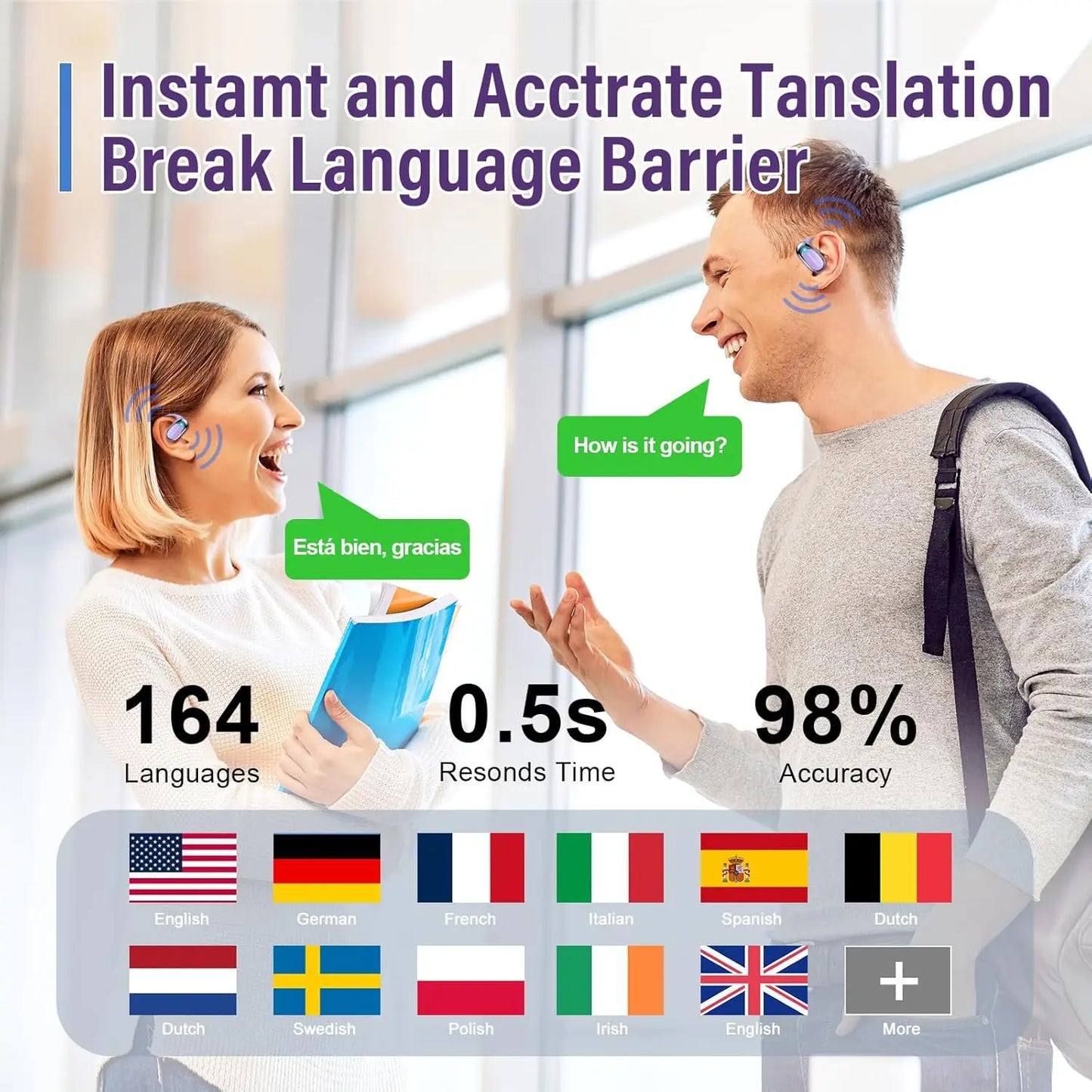 AI Real Time Translator Earbuds Bluetooth 5.4 Open Ear Headphones