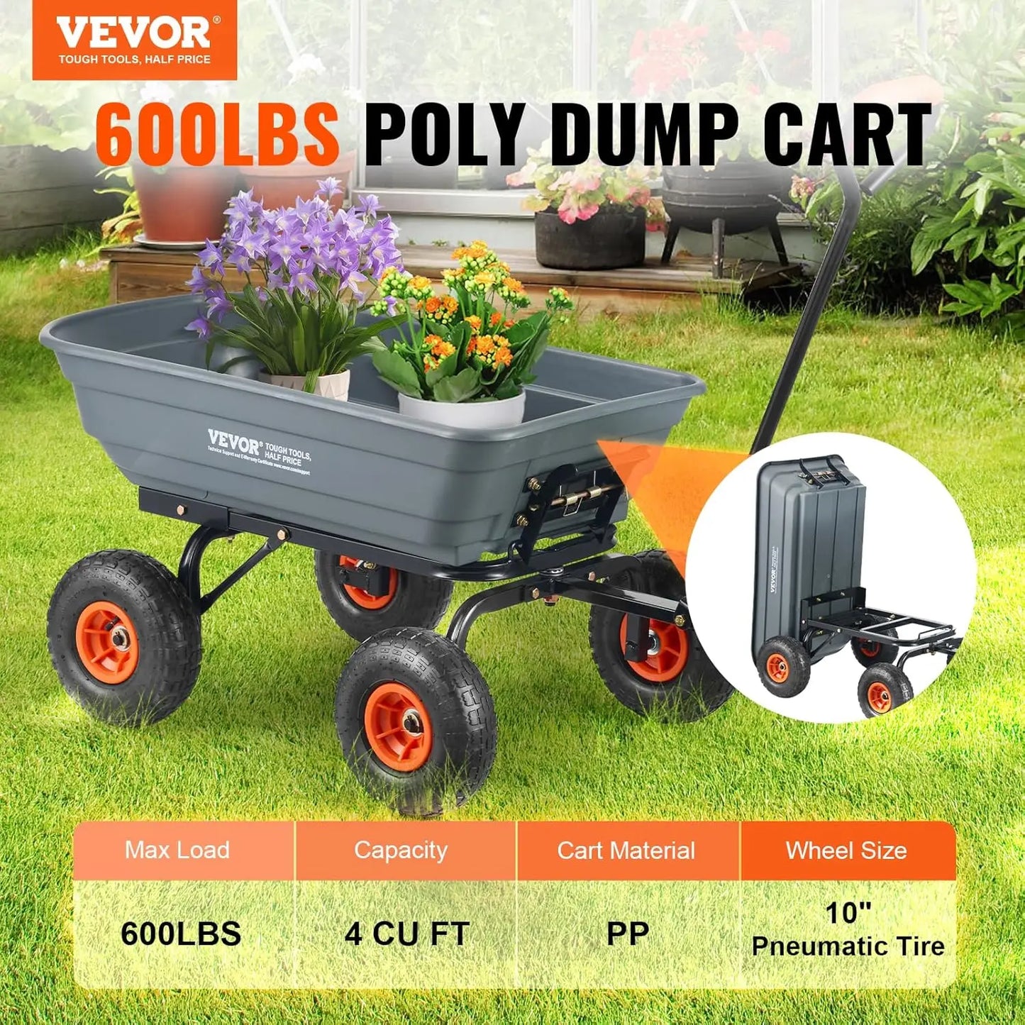 Heavy Duty Poly Garden Dump Cart With Four Wheel Design