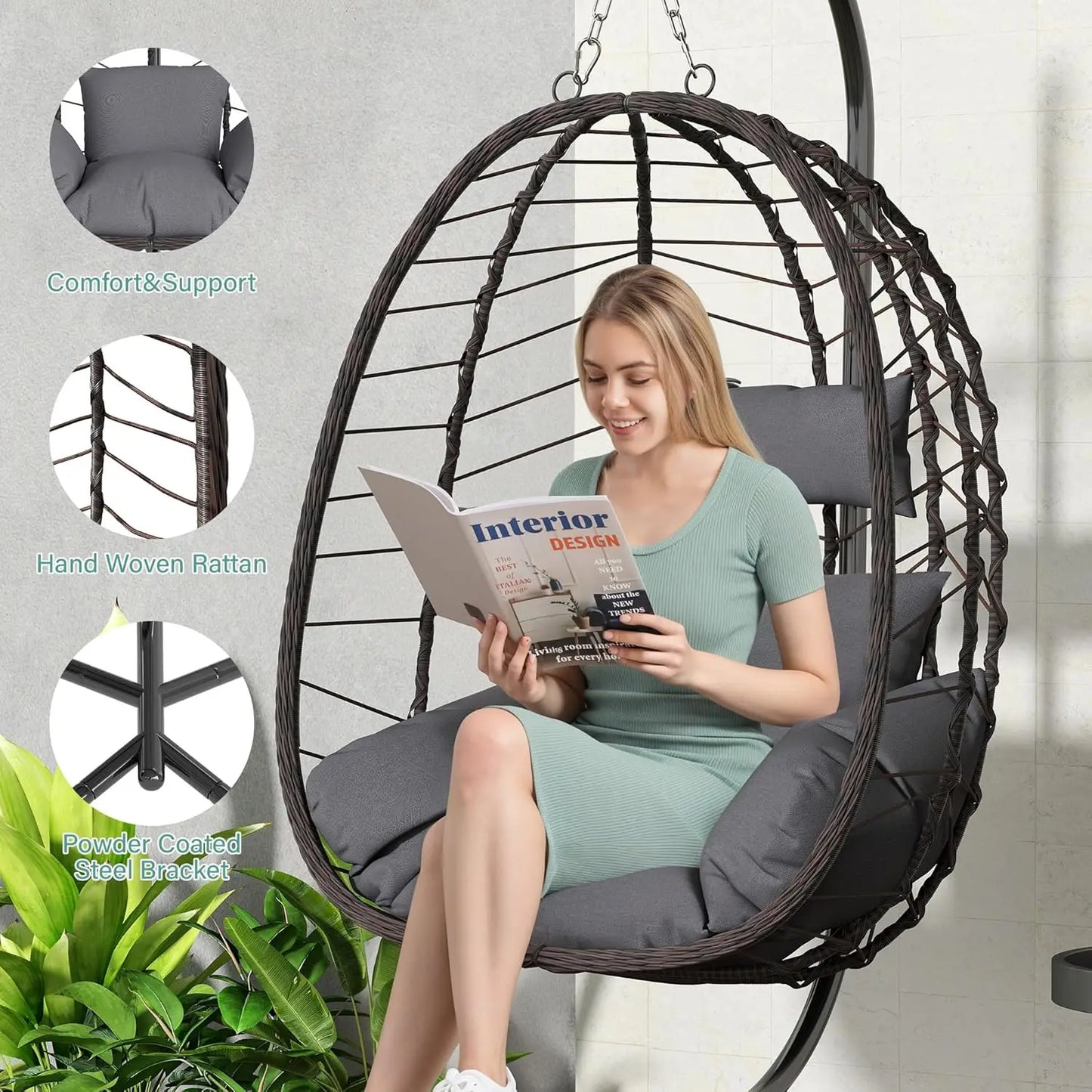 Egg Chair With Stand Outdoor Swing Basket Chair Cushioned