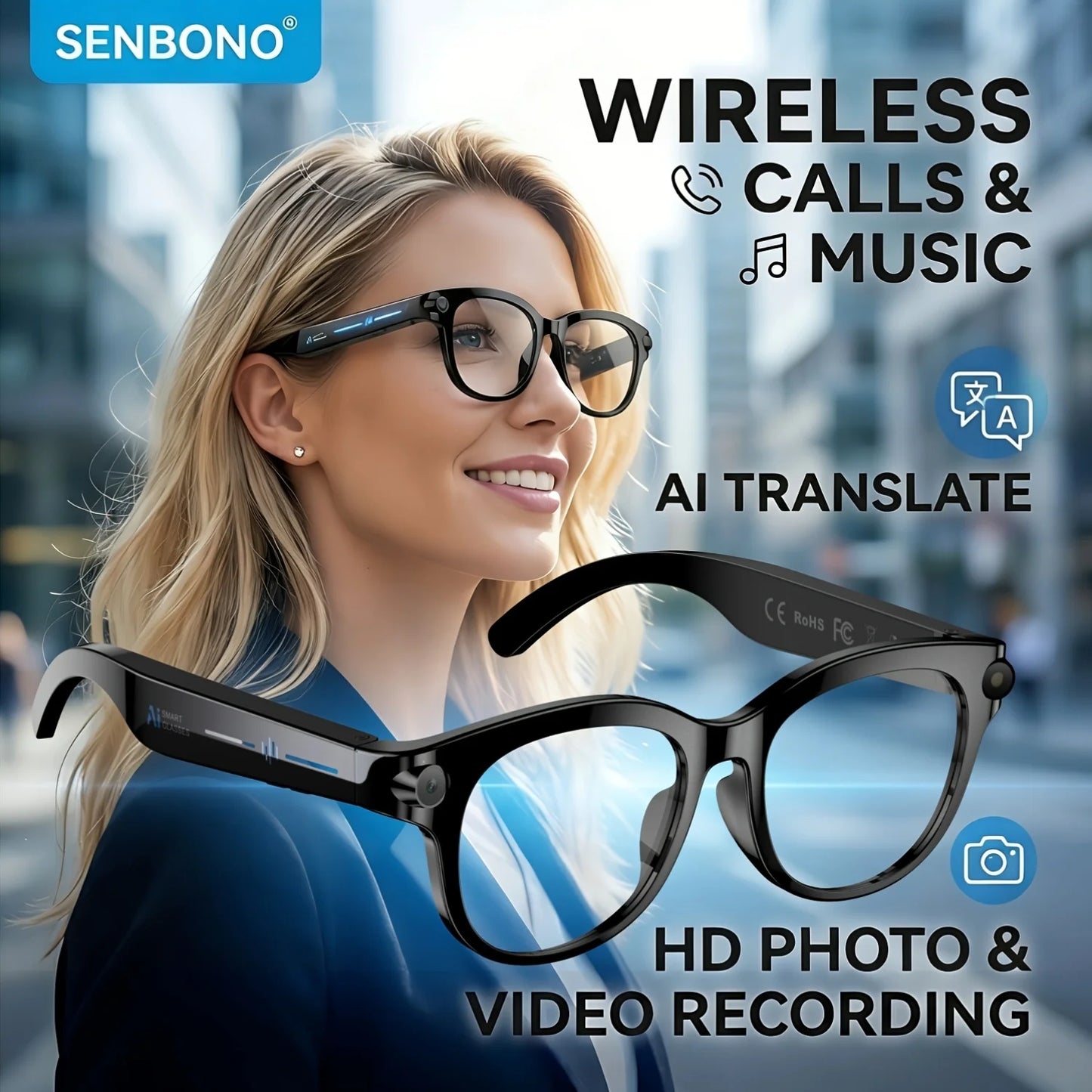 SENBONO AI Smart Glasses With Camera And Translator Bluetooth Music