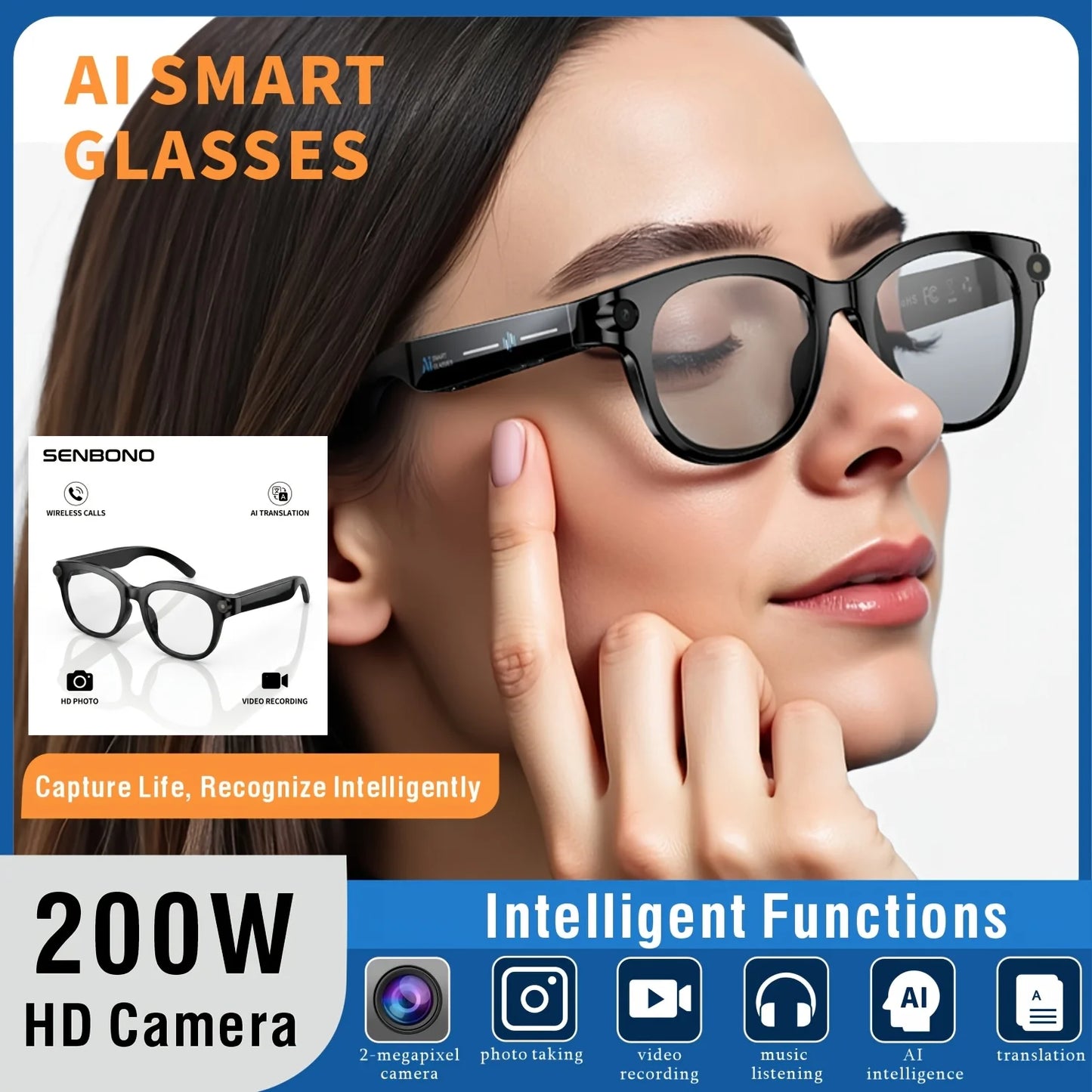 SENBONO AI Smart Glasses With Camera And Translator Bluetooth Music
