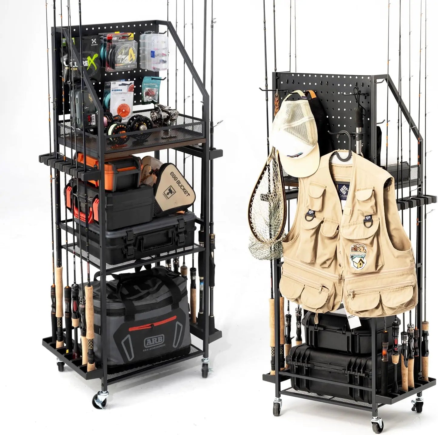 3-Tier Fishing Rod Storage Cart With Pegboard And Lockable Wheels