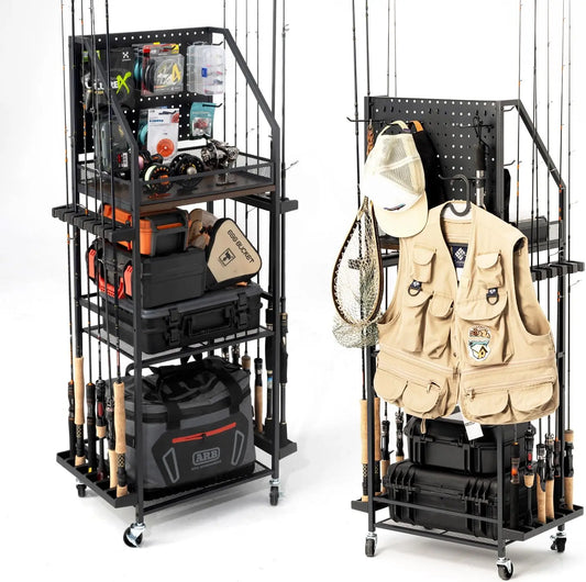 3-Tier Fishing Rod Storage Cart With Pegboard And Lockable Wheels