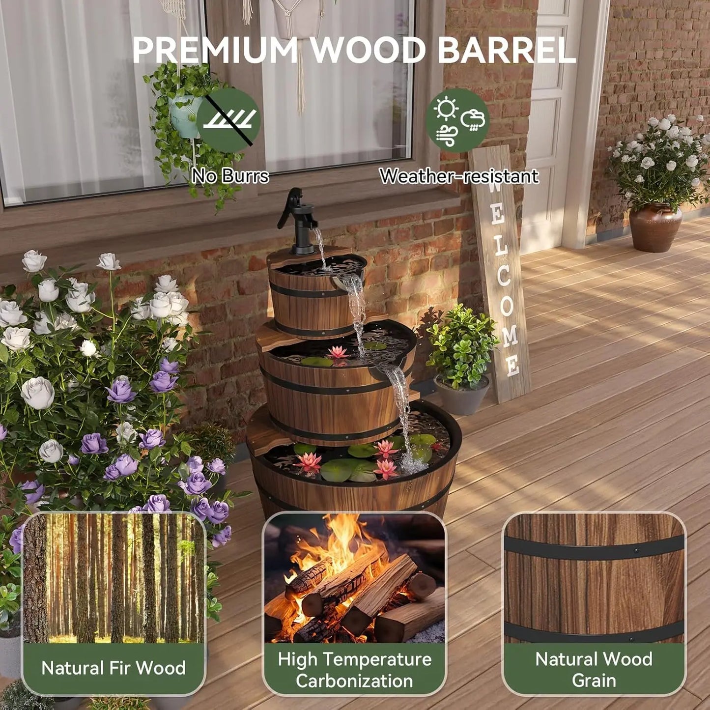 Three Tier Outdoor Water Fountain Wooden Barrel Cascade Hand Pump