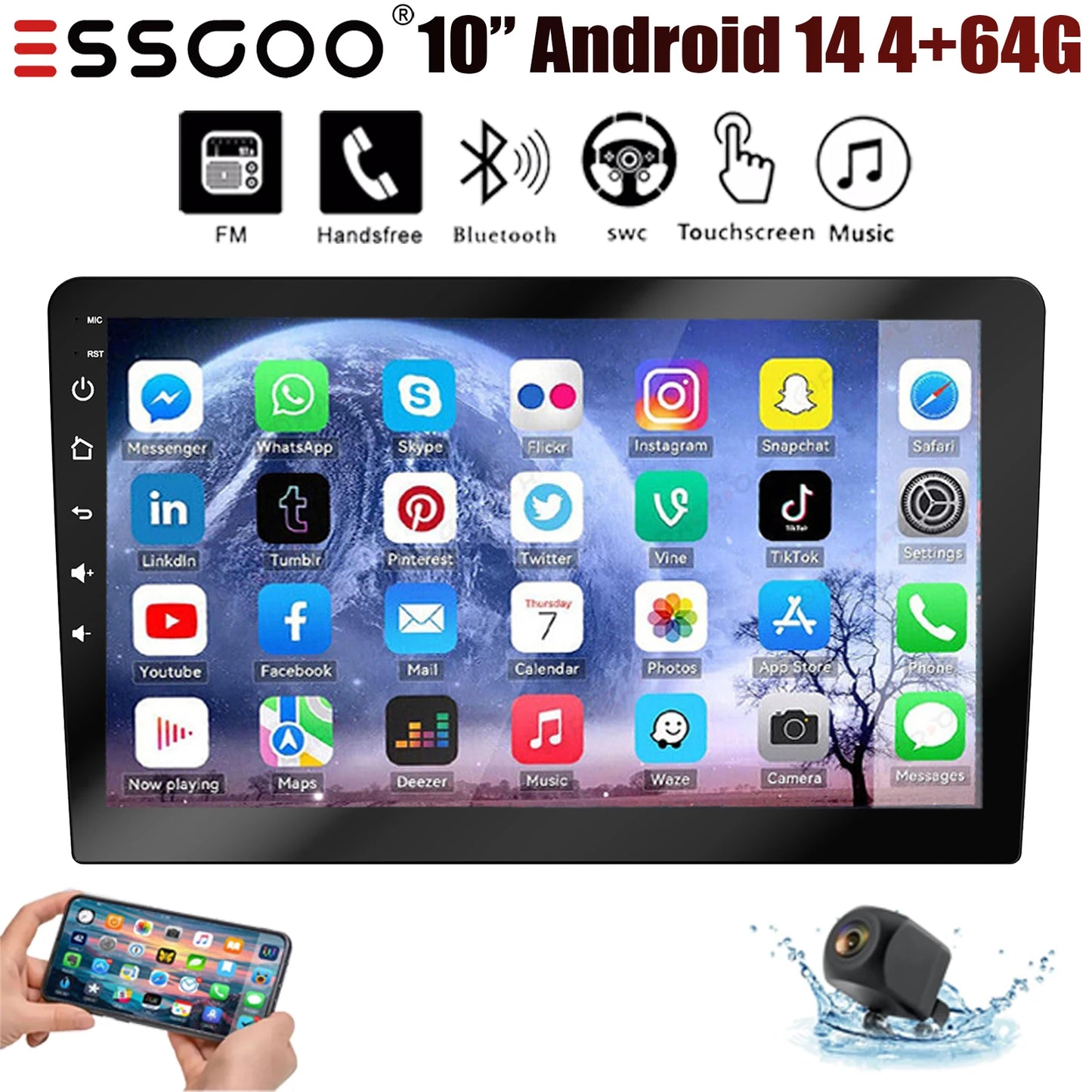 ESSGOO Android CarPlay Bluetooth GPS Radio Stereo 2Din Head Unit