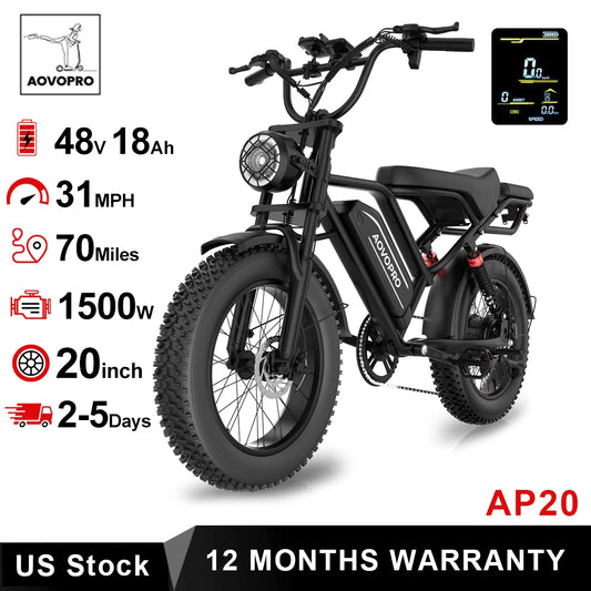 AOVOPRO AP20 Electric Bike 1500W Fat Tire Top Speed 31mph