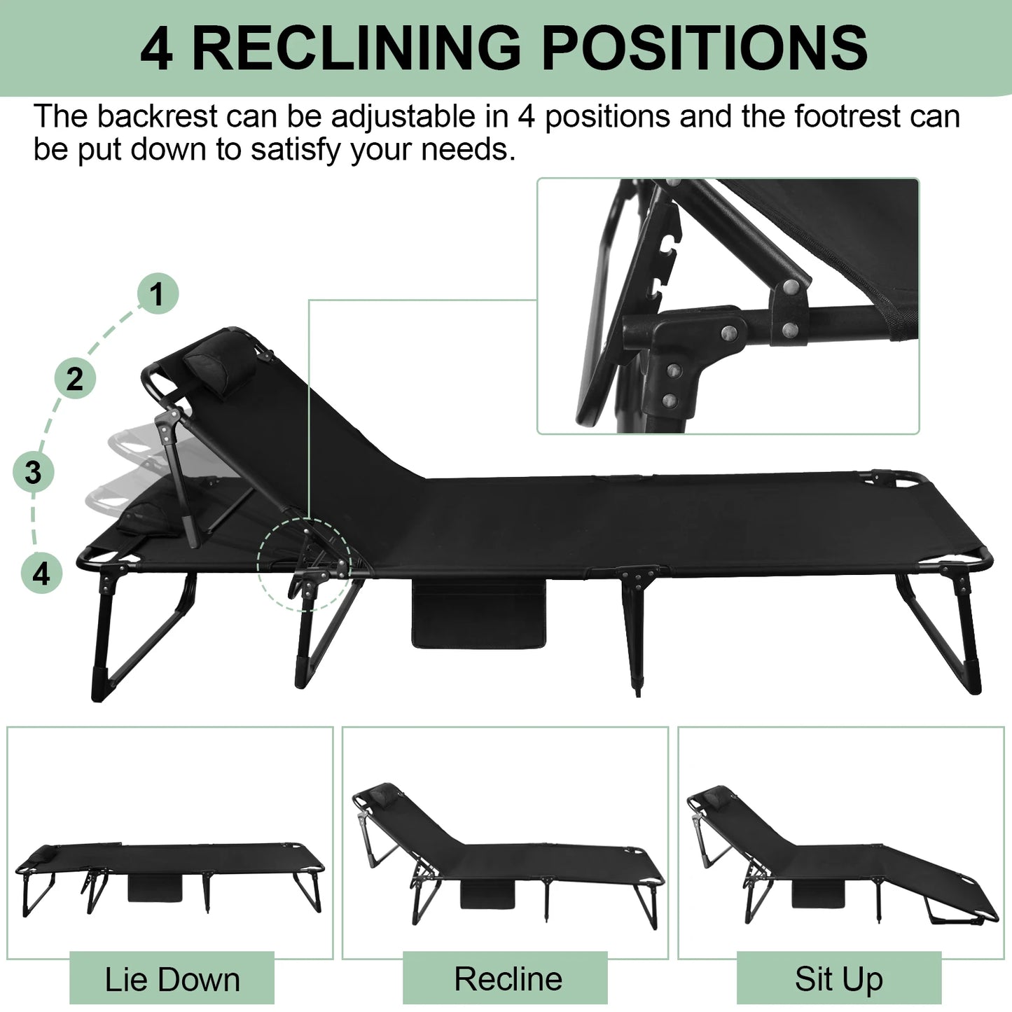 Portable Folding Camping Cot With Pillow And Adjustable Reclining Chair