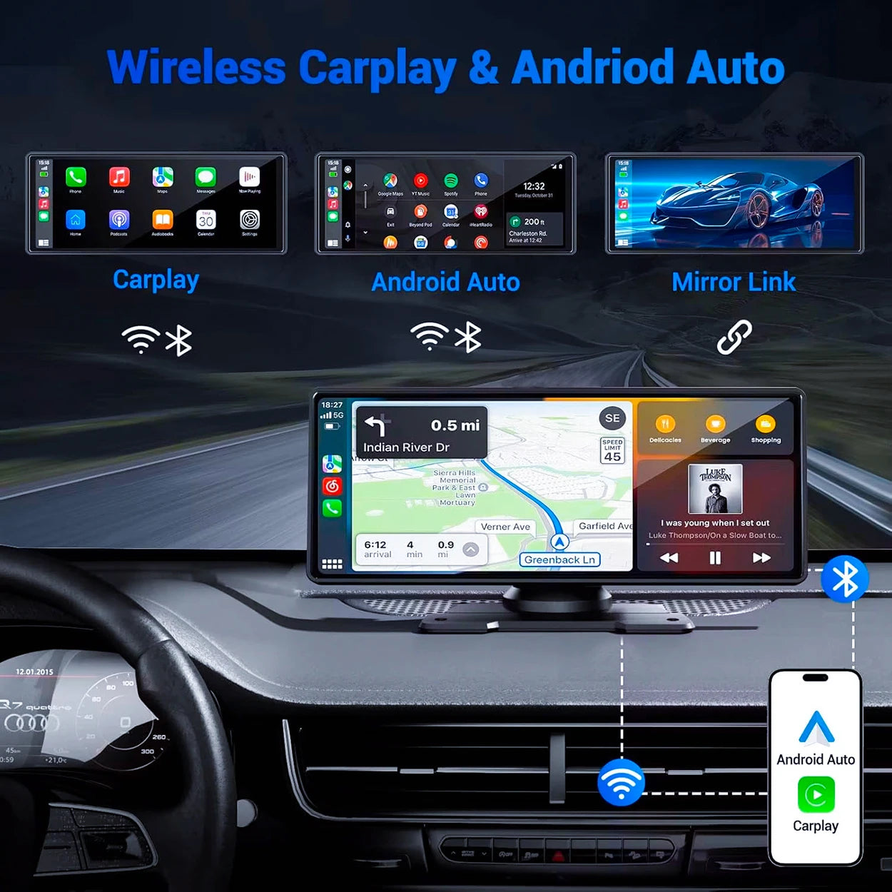 Portable 4K Car DVR With Wireless CarPlay And Android Auto