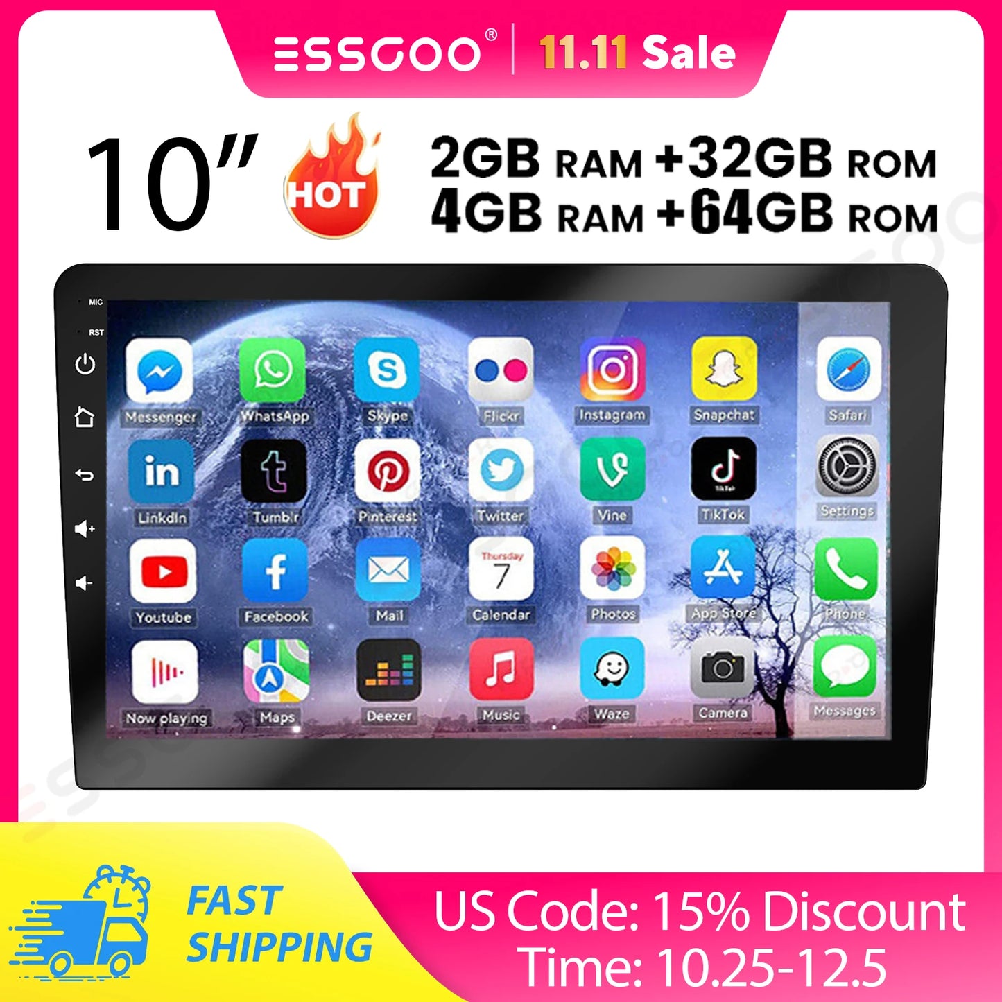 ESSGOO Android CarPlay Bluetooth GPS Radio Stereo 2Din Head Unit