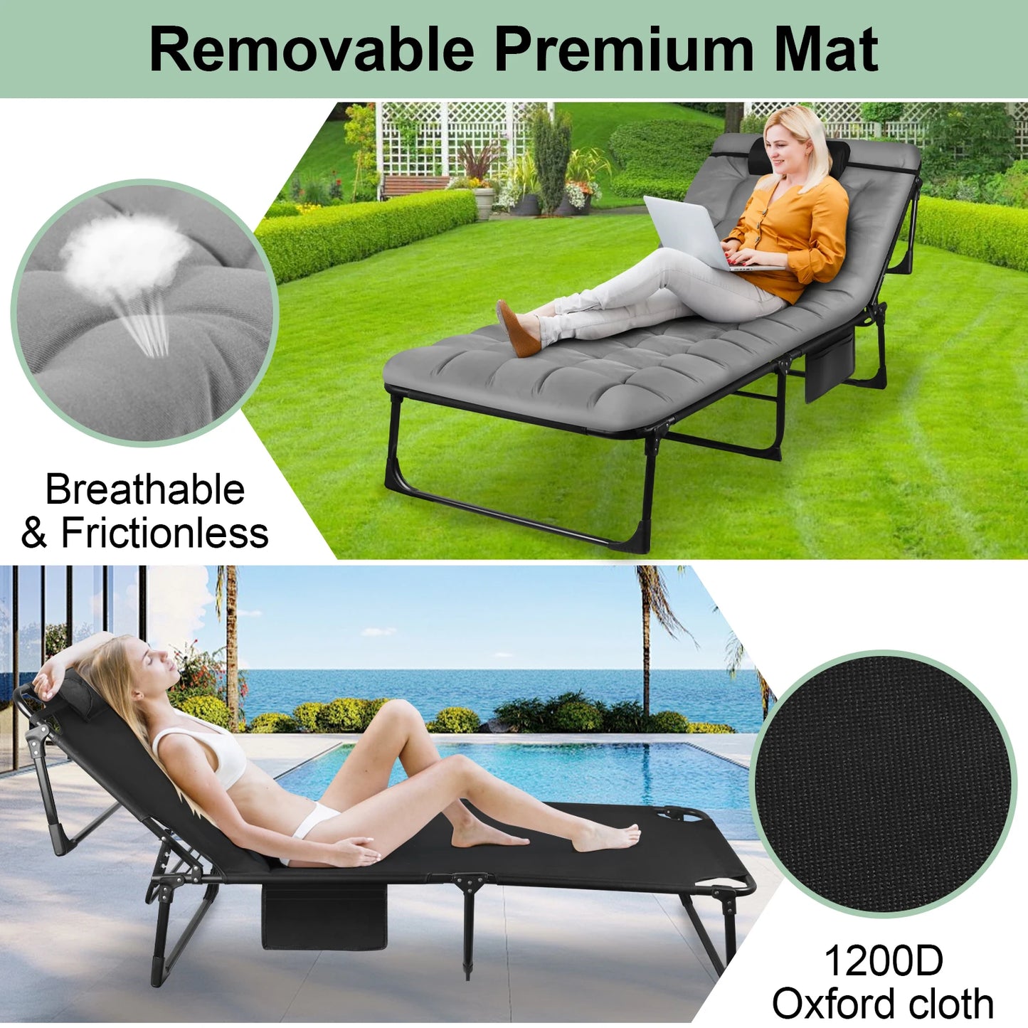 Portable Folding Camping Cot With Pillow And Adjustable Reclining Chair