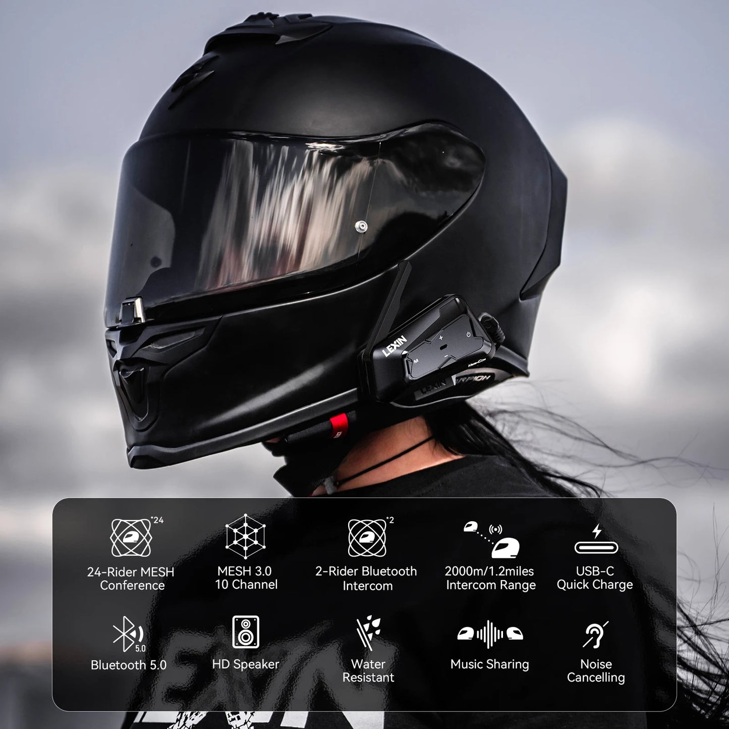 Lexin MeshCom Bluetooth Intercom For Motorcycle Helmet 24 Riders 2km