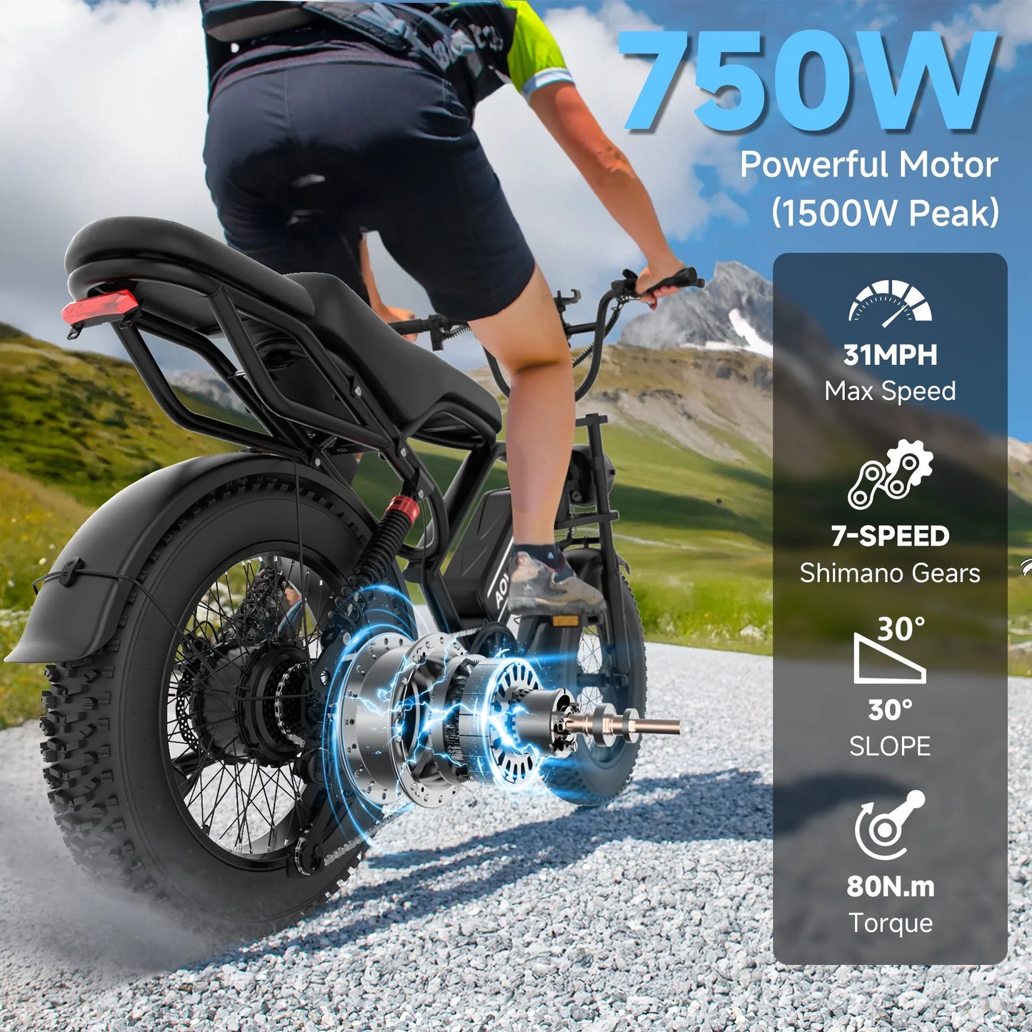 AOVOPRO AP20 Electric Bike 1500W Fat Tire Top Speed 31mph