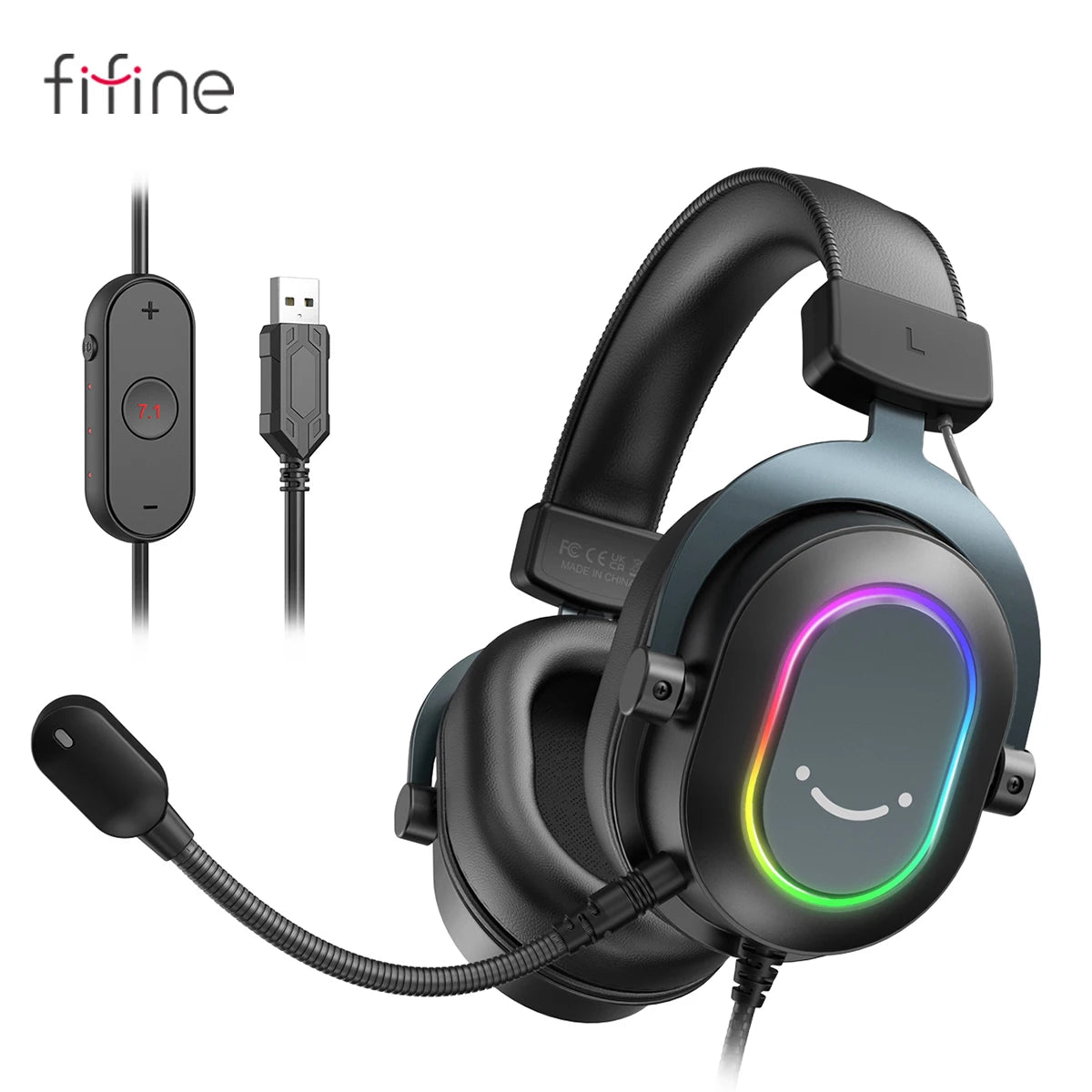 FIFINE RGB Gaming Headset with Mic 7.1 Surround PS5