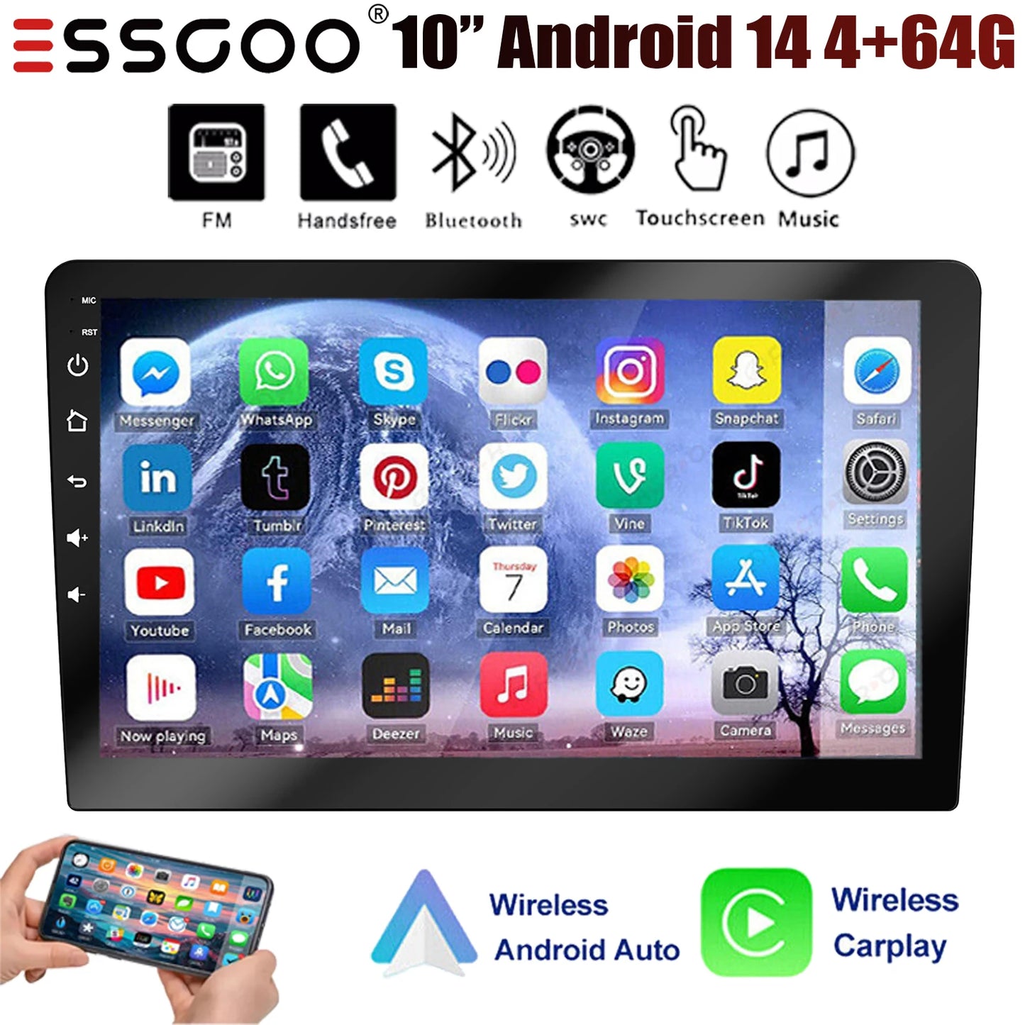 ESSGOO Android CarPlay Bluetooth GPS Radio Stereo 2Din Head Unit