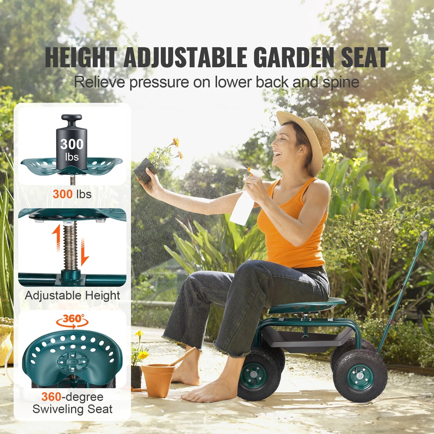 SucceBuy Garden Cart Rolling Workseat with Wheels and Steering