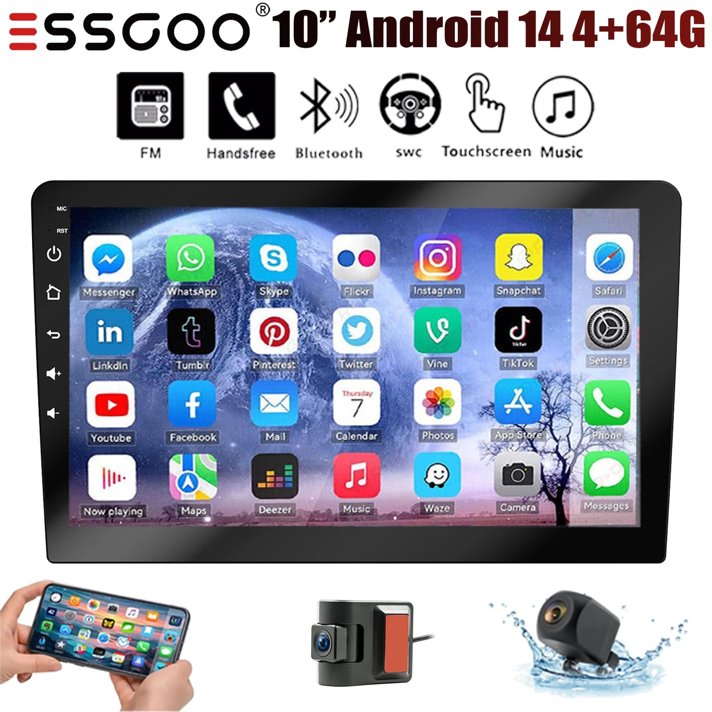 ESSGOO Android CarPlay Bluetooth GPS Radio Stereo 2Din Head Unit