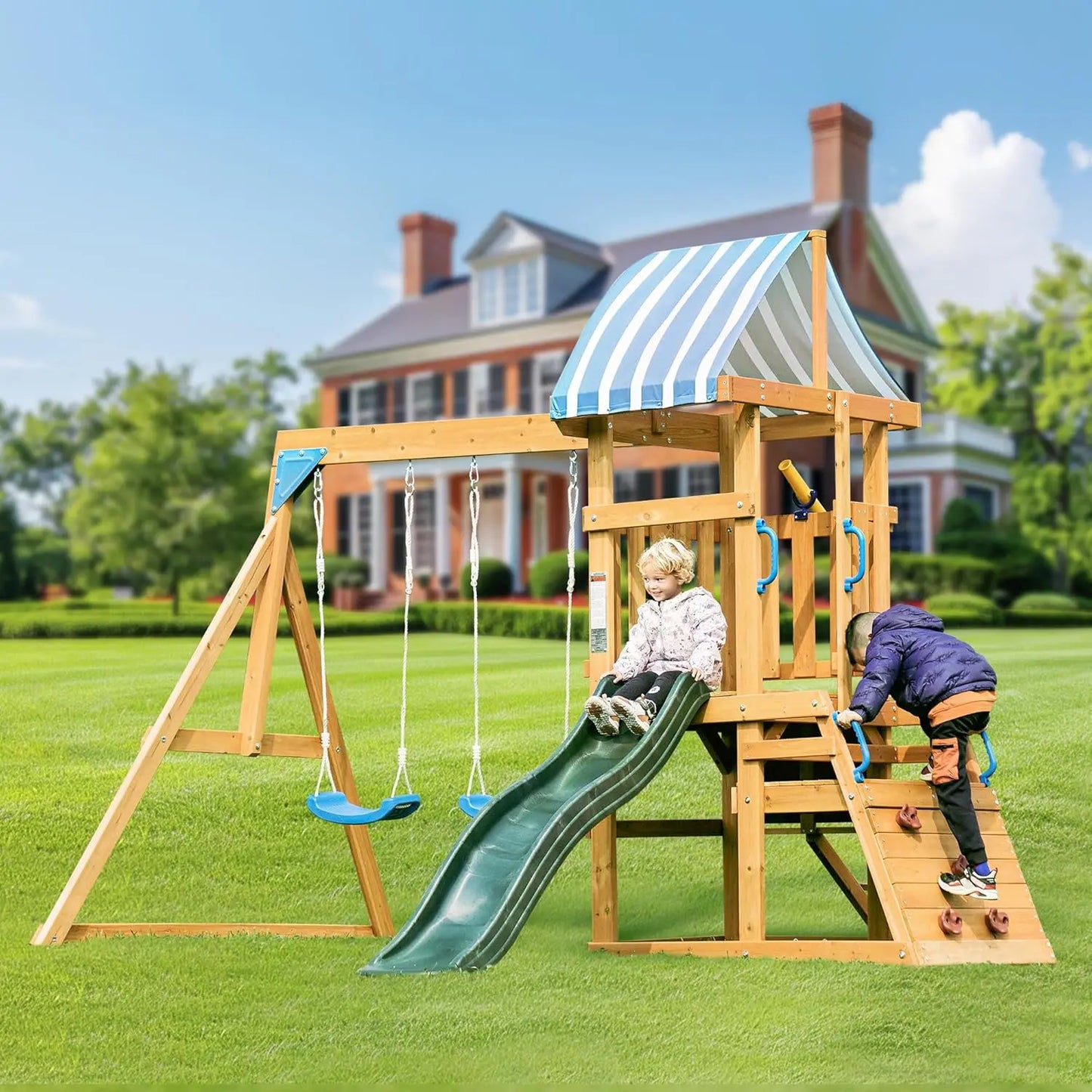 Rolife Outdoor Wooden Swing Set With Climbing Wall