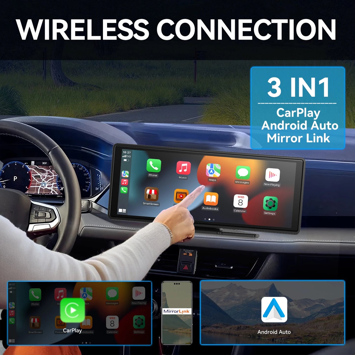 Portable 4K Car DVR With Wireless CarPlay And Android Auto