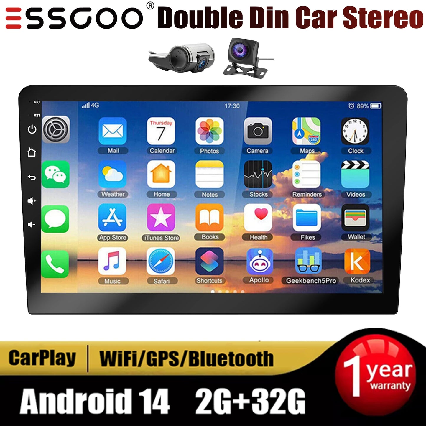 ESSGOO Android CarPlay Bluetooth GPS Radio Stereo 2Din Head Unit