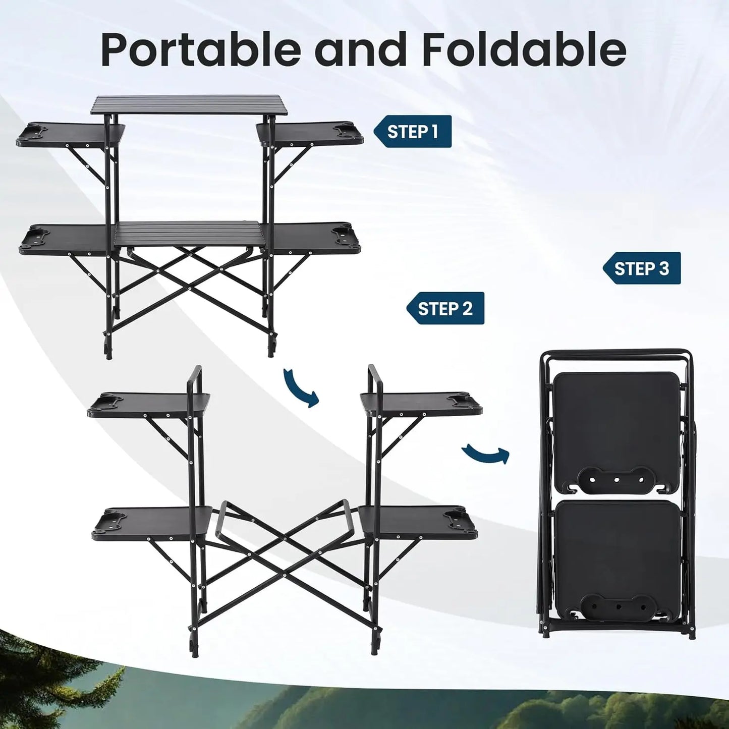 Slim-Fold Camping Kitchen Table With Side Tables And Shelves