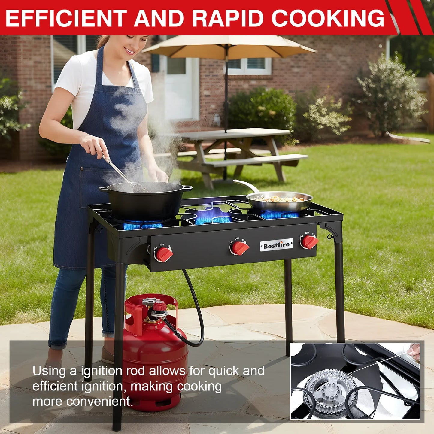 Three Burner Propane Camping Stove With Adjustable Regulator