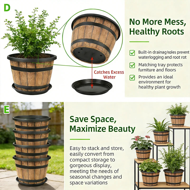 Indoor Resin Plant Pot Barrel Planter For Home And Balcony