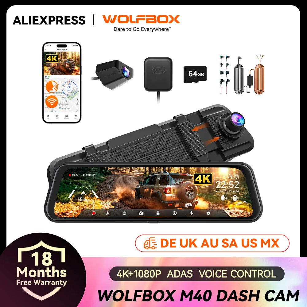WOLFBOX M40 Dash Cam 4K Front and Rear Vehicle Recorder
