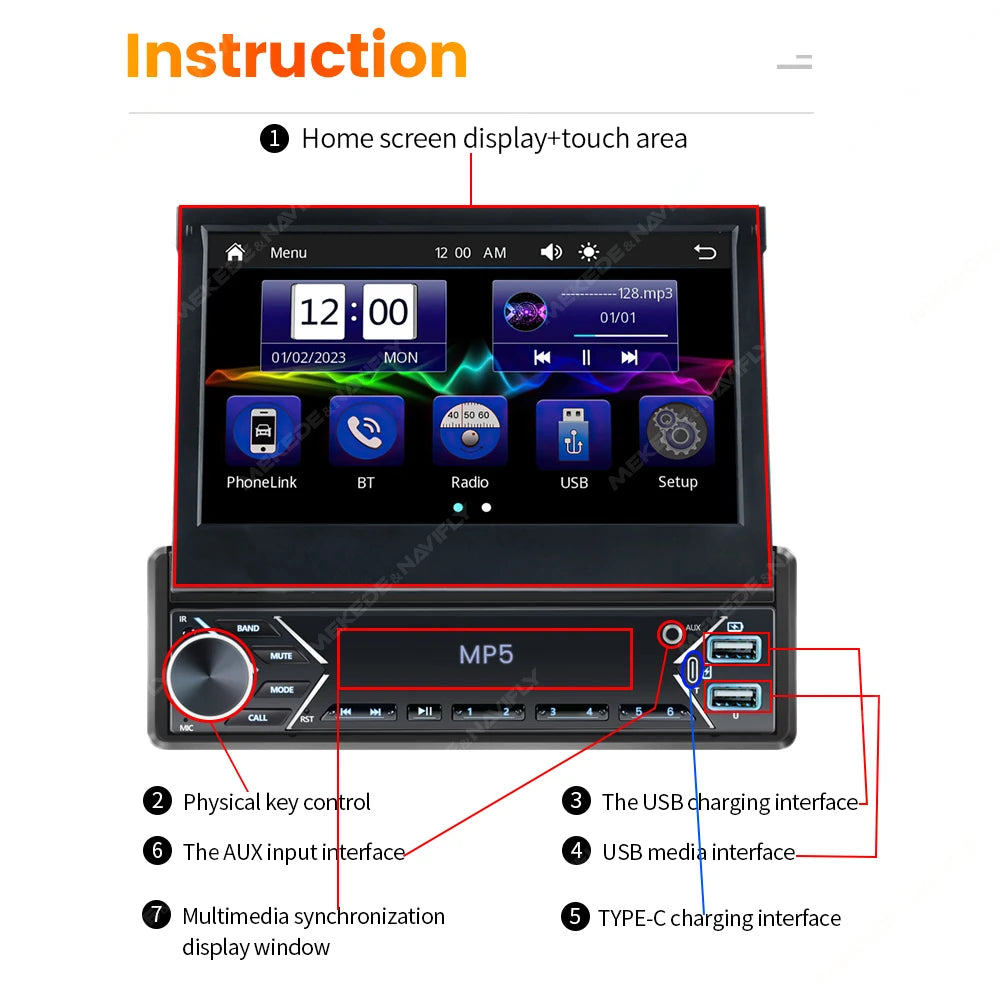 MEKEDE Universal Car Multimedia Head Unit With CarPlay Android Auto