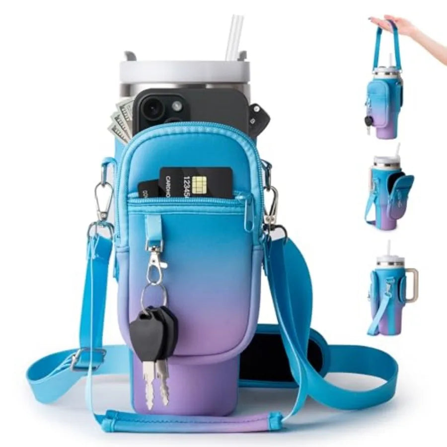 Neoprene Water Bottle Carrier Crossbody Bag With Phone Holder Pockets