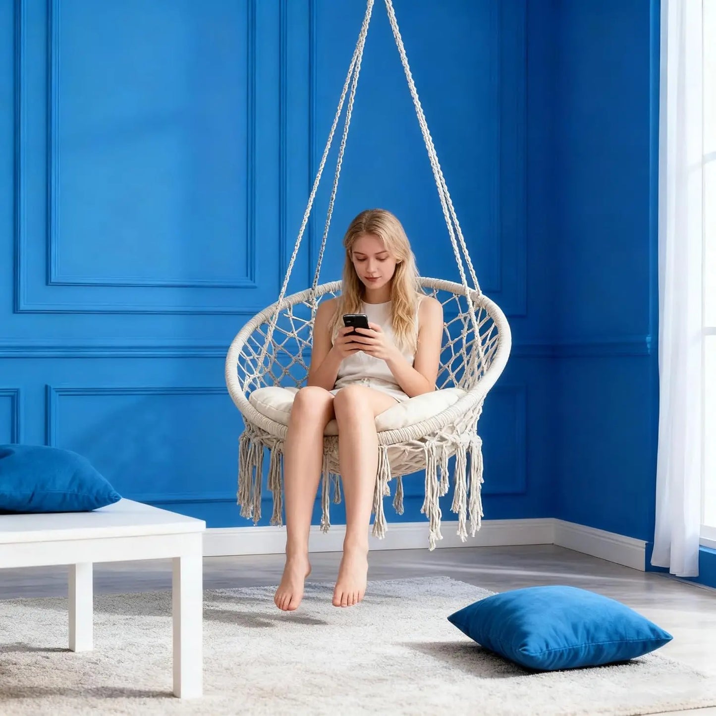 Macrame Hammock Swing Chair With Cushion And Hardware Kit