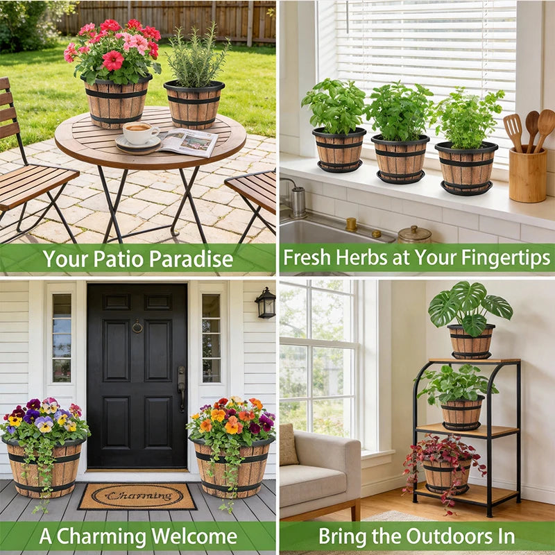 Indoor Resin Plant Pot Barrel Planter For Home And Balcony