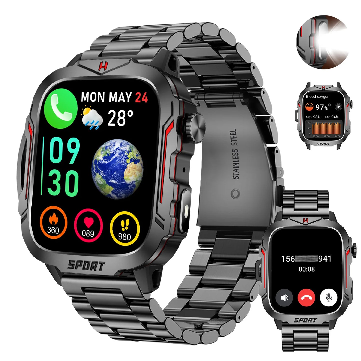 Smart Watch With Flashlight AI Voice Assistant Bluetooth Calling