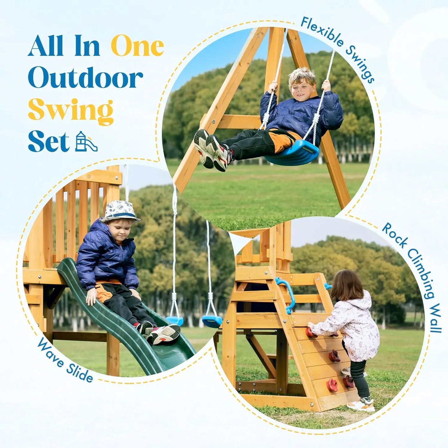 Rolife Outdoor Wooden Swing Set With Climbing Wall