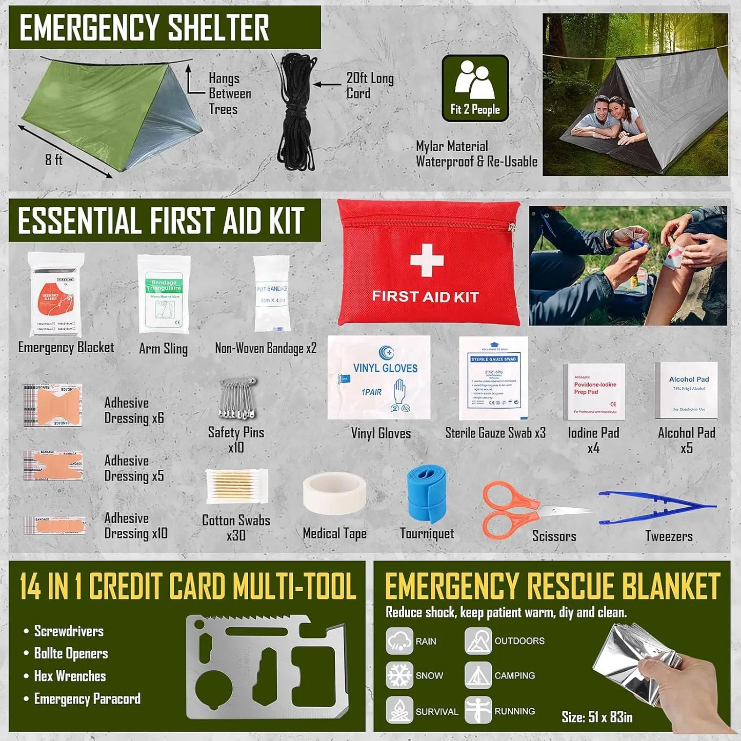 Emergency Survival Kit With First Aid Camping Axe Headlamp
