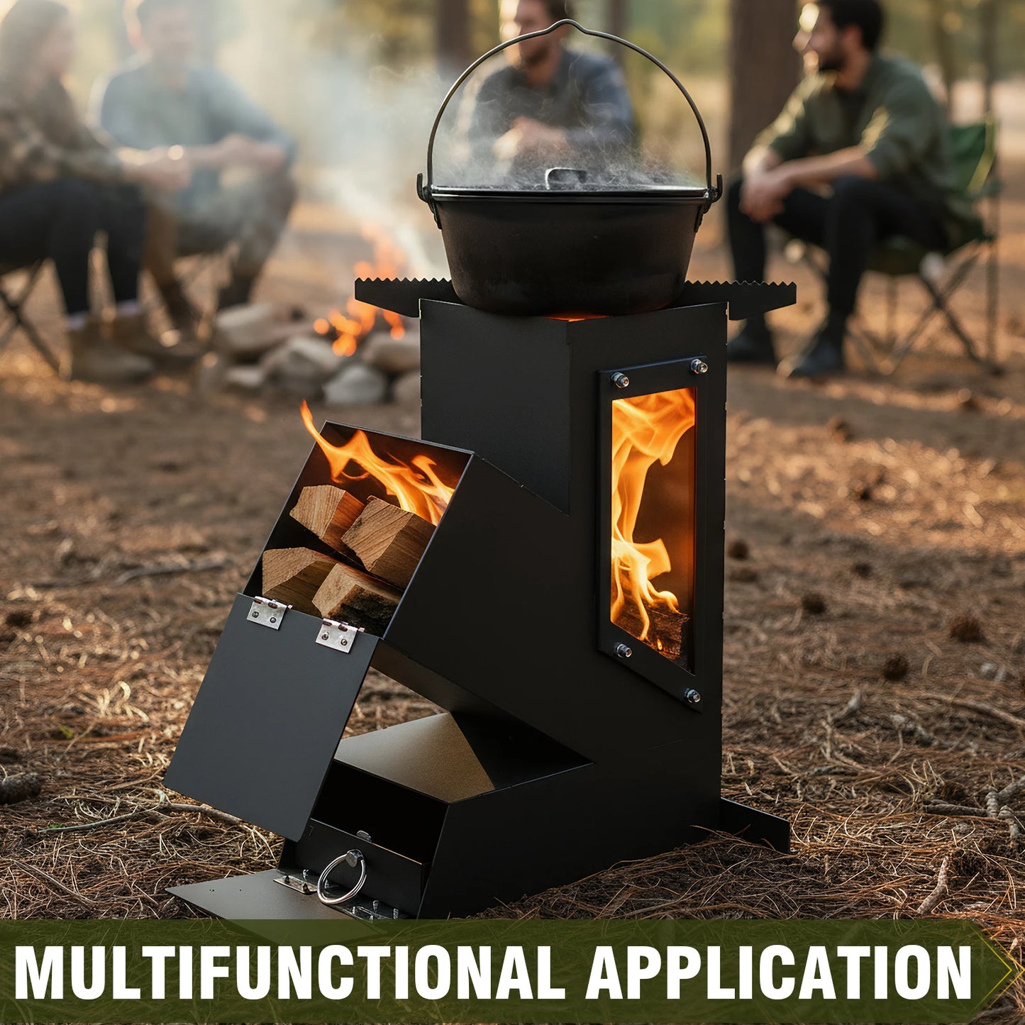 Portable Rocket Stove With Glass Door Cast Iron Camp Grill