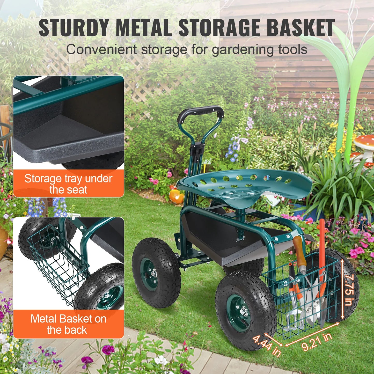 SucceBuy Garden Cart Rolling Workseat with Wheels and Steering