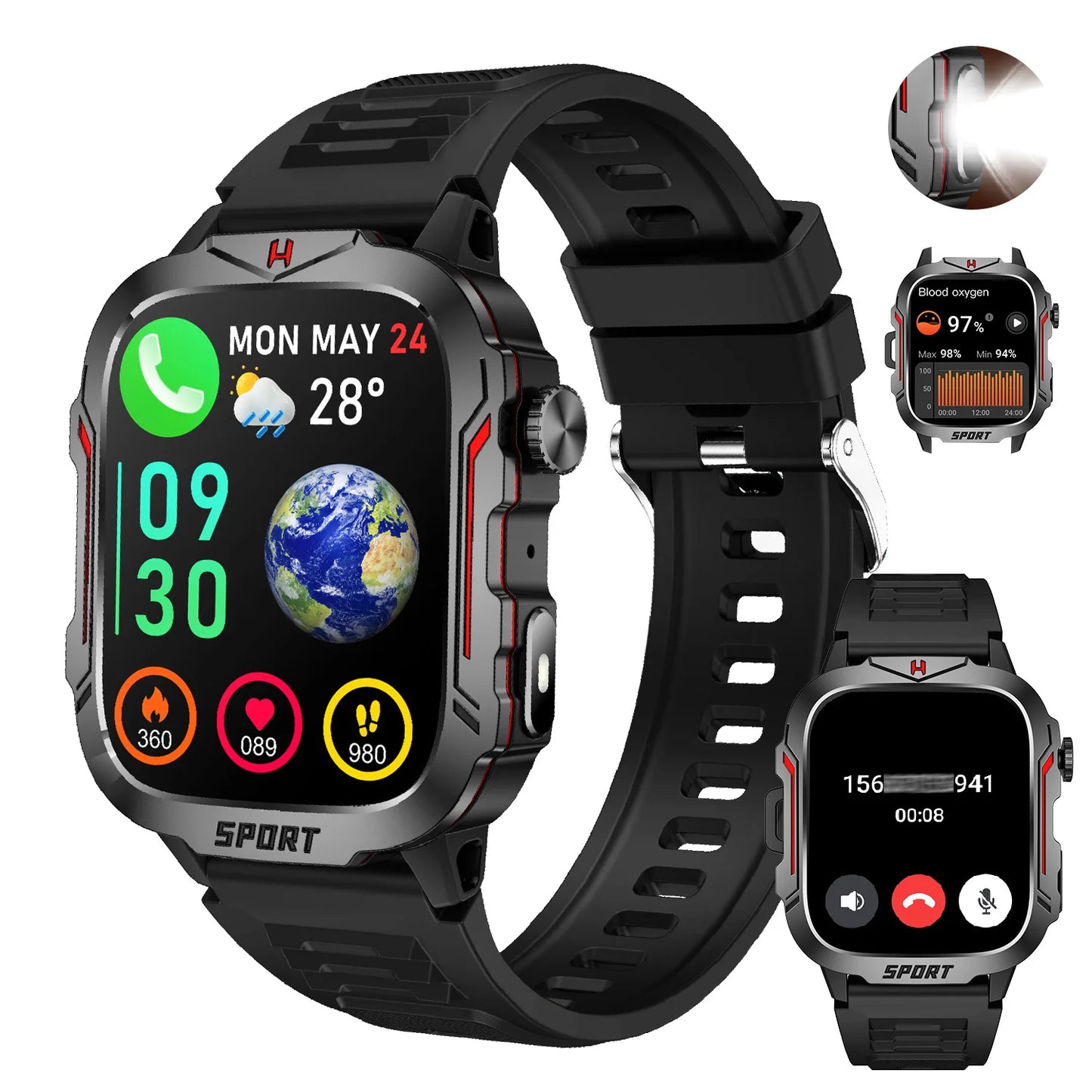 Smart Watch With Flashlight AI Voice Assistant Bluetooth Calling
