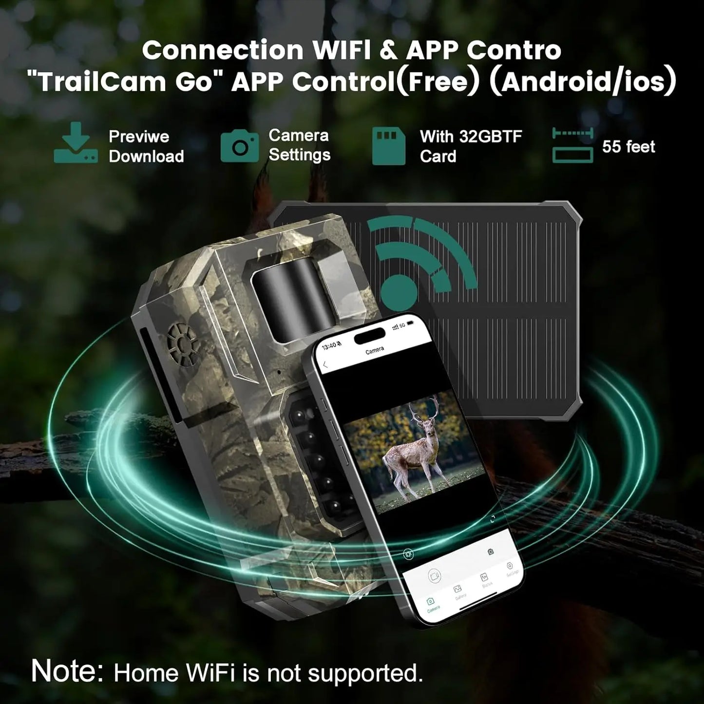 Solar WiFi Trail Camera 4K 64MP Night Vision Bluetooth Cam