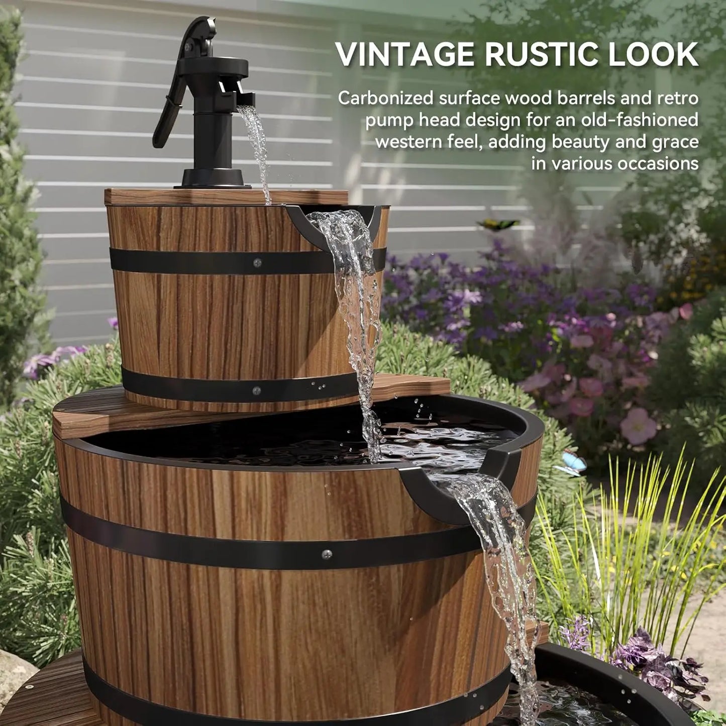 Three Tier Outdoor Water Fountain Wooden Barrel Cascade Hand Pump