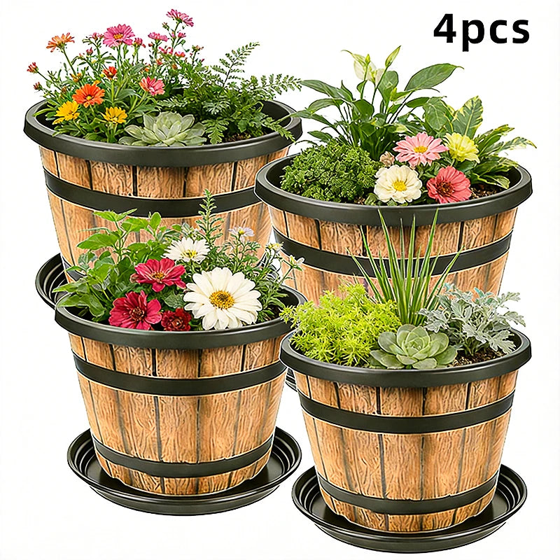 Indoor Resin Plant Pot Barrel Planter For Home And Balcony