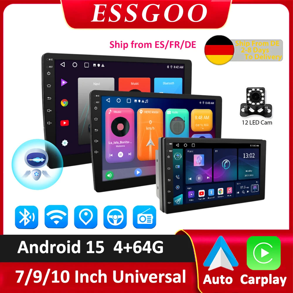 ESSGOO Android 15 Car Radio Android Auto Wireless CarPlay MP5