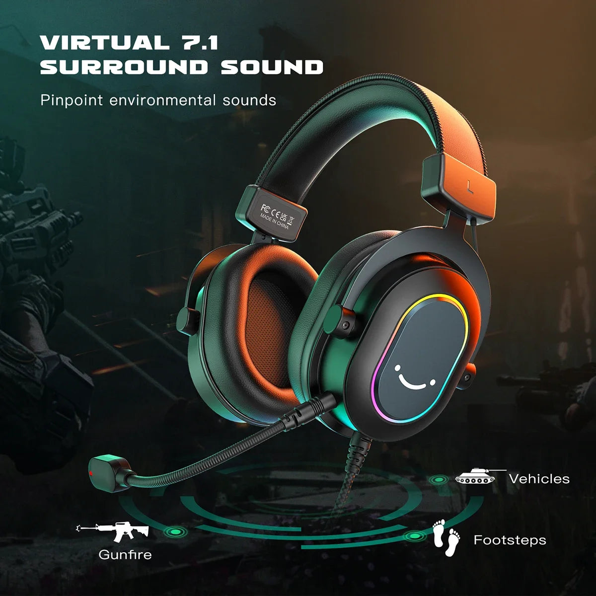 FIFINE RGB Gaming Headset with Mic 7.1 Surround PS5